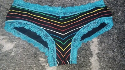 NeW Vs Pink Vintage 2008 Rainbow Striped Lace Trim Cheekster Panty Size xsmall 
