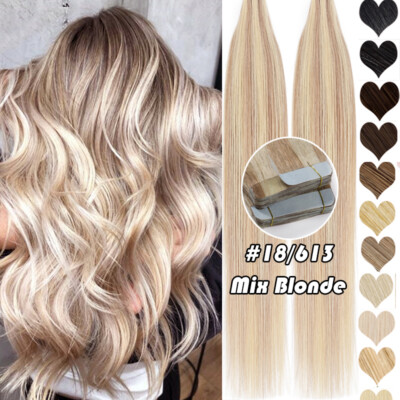 Full Head Tape in Russian Remy Real Human Hair Extensions Skin Wefts THICK Brown