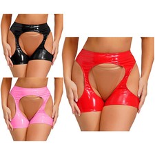 Womens Wet Look PVC Leather Bodycon Shorts Hollow Out Oil Shiny Club Party Boxer