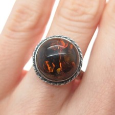 925 Sterling Silver Vintage Real Amber Modernist Oxidized Ring Size 6.5