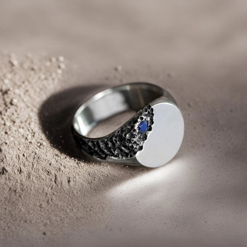 Blue Sapphire Signet Ring 925 Sterling Silver Ring Mens Ring Hammered Ring
Opens in a new window or
