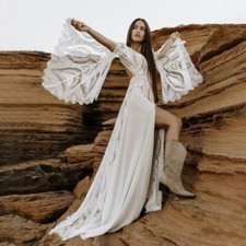 Chiffon Lace Wedding Dress Long Split Bell Sleeves Bridal Gowns Front Leg Slit