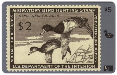 Duck Hunting Stamp Card #21: Void After 1955 Ring-Necked Ducks USED Phone Card