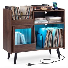 Record Player Stand w/LED Light Power Outlets Sliding Door Vinyl Storage Holder