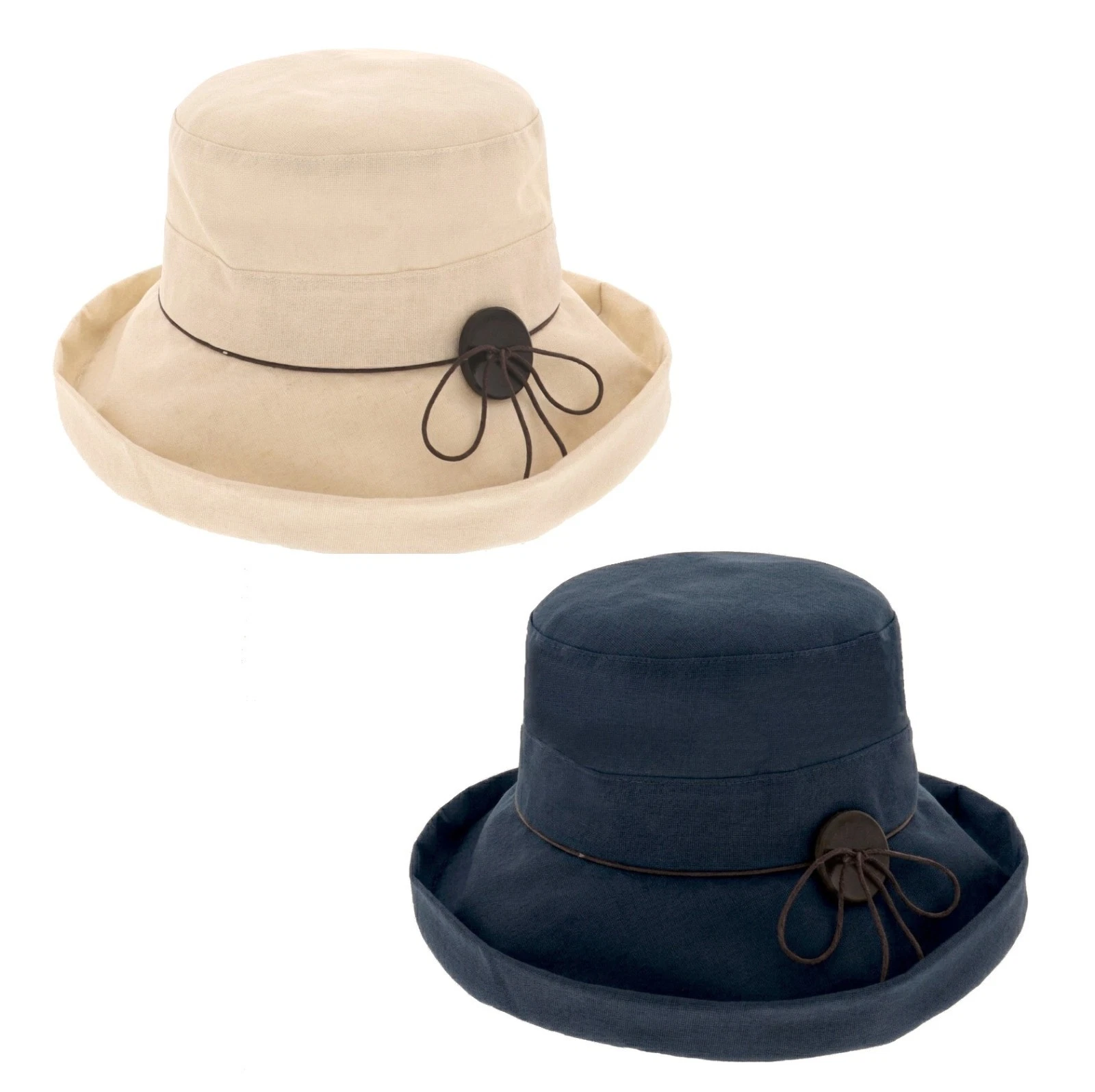 Ladies Cotton & Linen Wide Brim Sun Hat Adjustable Size Navy/Natural Beach