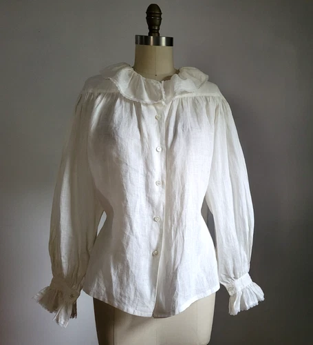 VTG IVORY LINEN BLOUSE w/ RUFFLED COLLAR & FULL SLEEVES DETAILED w/ FRENCH SEAMS