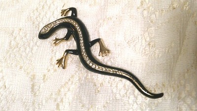 Vintage Figural Lizard Salamander Brooch Rhinestone Enamel Gold Tone