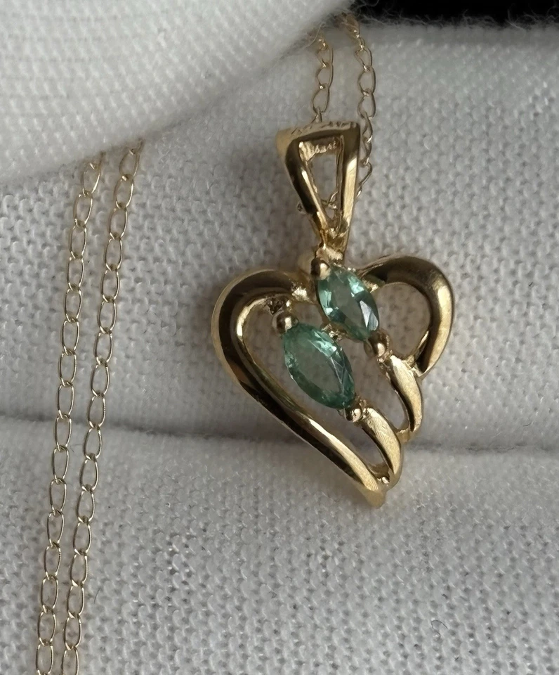 14k Yellow Gold Emerald Marquise Cut Heart Pendant Chain 18” Necklace Ladies - Image 3 of 4