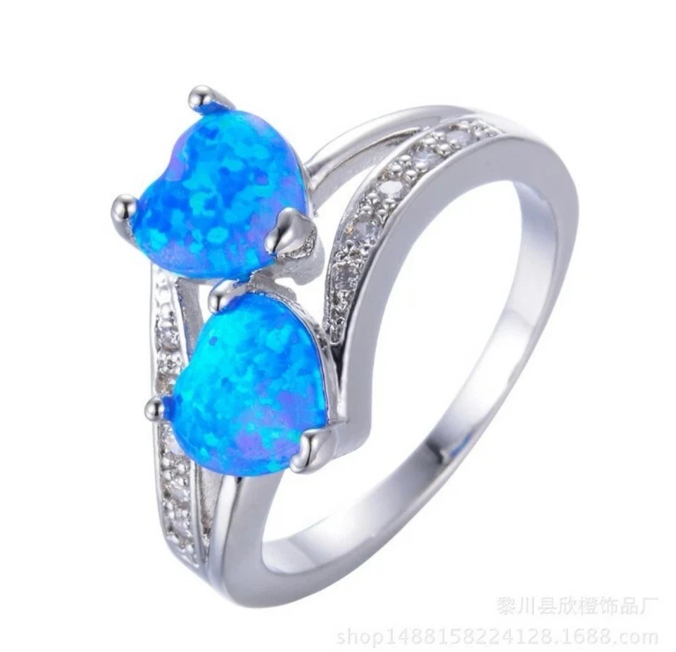 Deslumbrante Conjunto de Pendientes Doble Corazón Circonita cúbica Ópalo de Fuego Azul Talla 10 y 925SS Foto 3 de 4