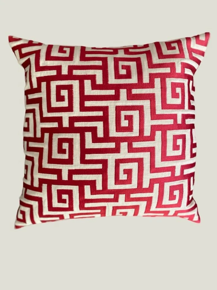 Pair of Matching Greek Key Red Pattern Down filled Pillows Safavieh 16" x 16" - Image 3 of 4
