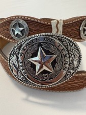 Vintage Justin Tooled Leather Belt Silver Western Concho Texas Buckle Mens 36