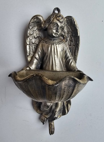 Vintage Cast Metal Angel Holy Water Font Wall Decor Cherub Made in USA Stoup