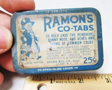 vintage Ramons co-tabs quack meds cold remedy pill tin, still full, nice graphic
