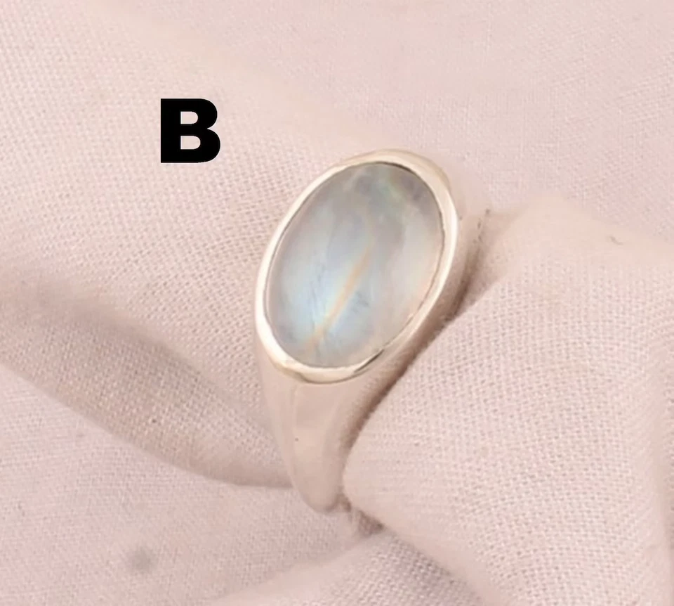 Anillo llamativo de plata de ley 925 maciza con piedras preciosas ovaladas de piedra lunar arco iris Foto 4 de 4