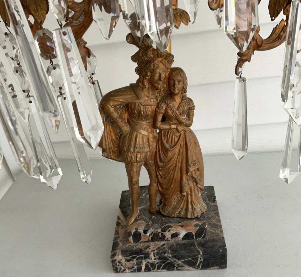 ANTIQUE VICTORIAN BRASS CANDELABRA,5 ARM CANDLE HOLDERS,GLASS PRISMS,MARBLE BASE - Image 2 of 4