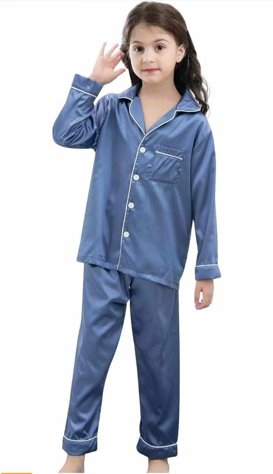 Conjunto de pijamas para niños y niñas conjunto de pijamas de seda satinado manga larga 2 piezas. 4-12t Foto 2 de 4