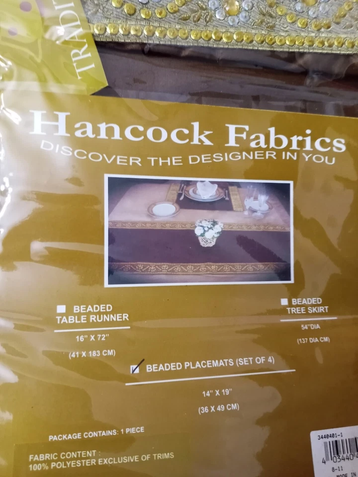 BOHO Moroccan Placemats 14" x 19" Polyester Brown w/ Gold Beaded Bling Trim New - Image 3 of 4