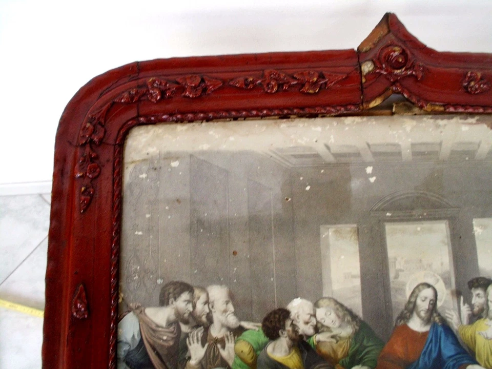 ANTICA STAMPA SACRA ULTIMA CENA ANTICO QUADRO RELIGIOSO VECCHIA CORNICE LEGNO - Immagine 4 di 4