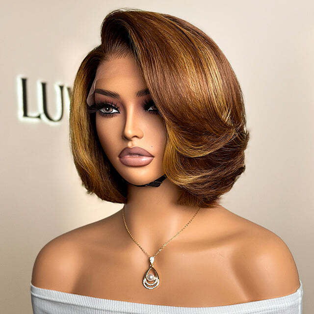 ぼぶボブ Short Layered Cut Bob Wig 13x4 Lace Front Human Hair Wigs Brown