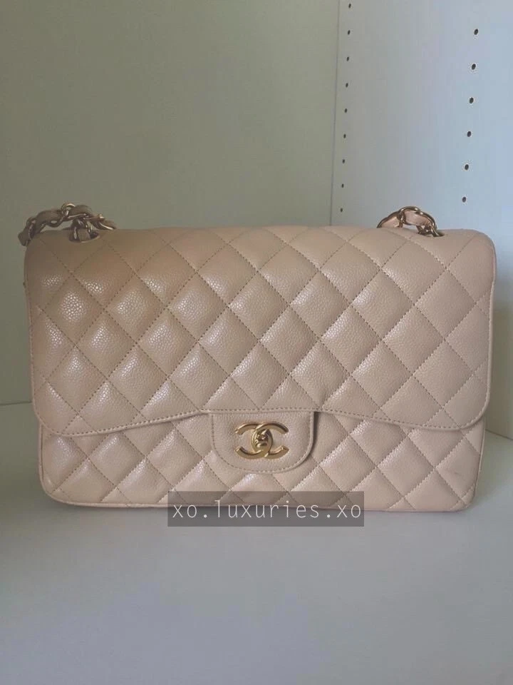 CHANEL Caviar Jumbo Double Flap Beige Clair 64584