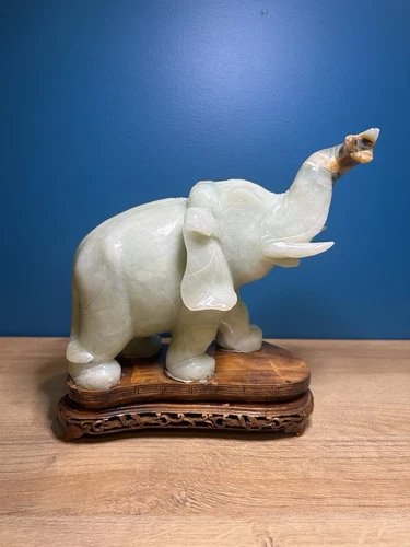 Jade Elephant Very Fine Antique Vintage w/ Wooden Stand 5 Pounds - product listing photo