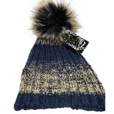 New Striped Knit Winter Beanie Hat Faux Fur Pom Pom Blue Cream Winter Snow Hat