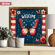 Patriotic Butterfly Welcome Wooden Plaque 4th of July American Flag Home Decor