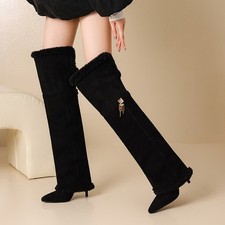 Womens Winter Fleece Boots Warm High Heels Suede Pointy Toe Knee High Long Boots