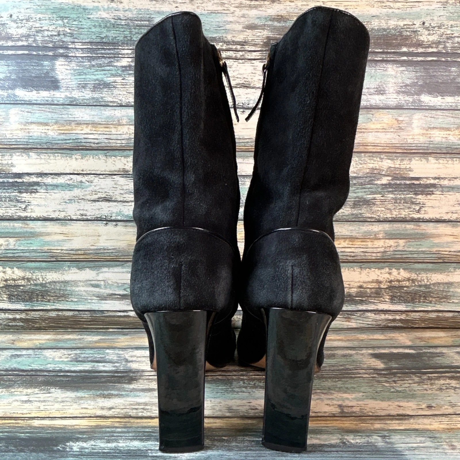 Stivaletto Kate Spade taglia 9B nero scamosciato tacco a blocco zip punta tonda abito punta cappuccio