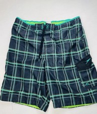 Speedo Swim Trunks Board Shorts Mens Large Green Plaid 100 Polyester Tie Waist