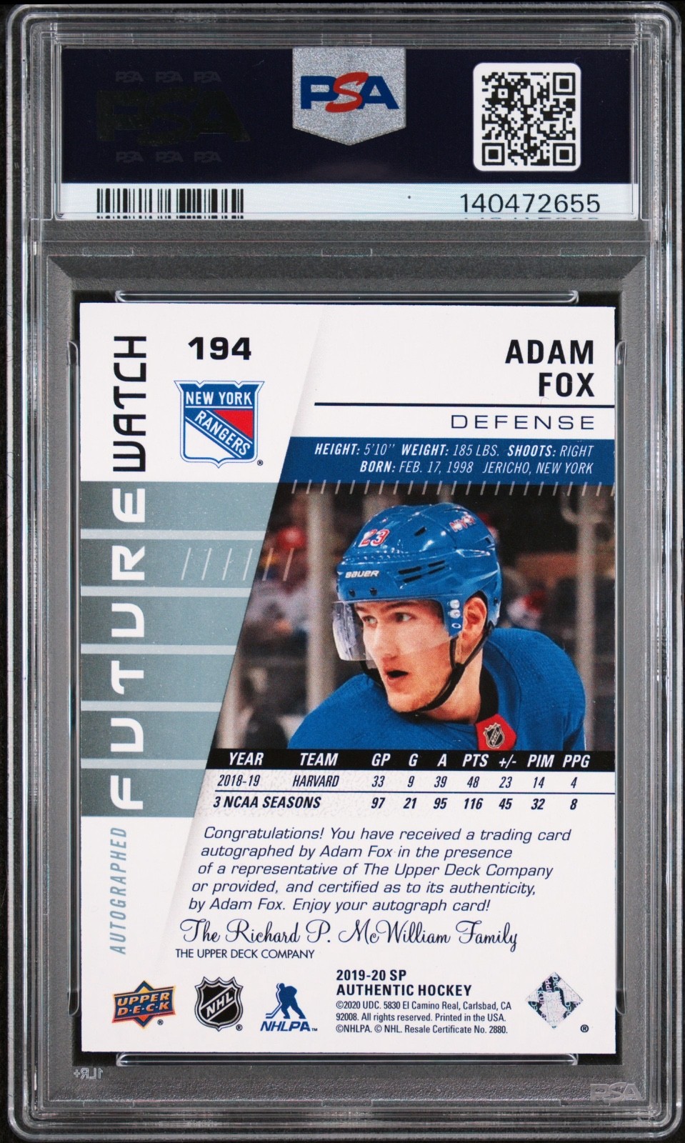 2019-20 SP Authentic Adam Fox Future Watch Auto /999 PSA 9 RC #194 view 2