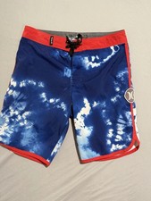 Hurley blue tie-dye, red lined swim trunks shorts, big kids 10/25