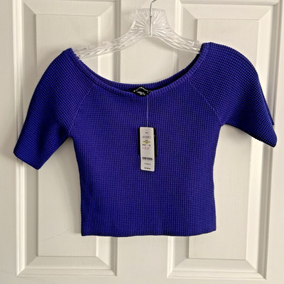 NWT Bebe Slim fit Waffle Knit Crop top wide round neck Blue Gorp Core Coquette S