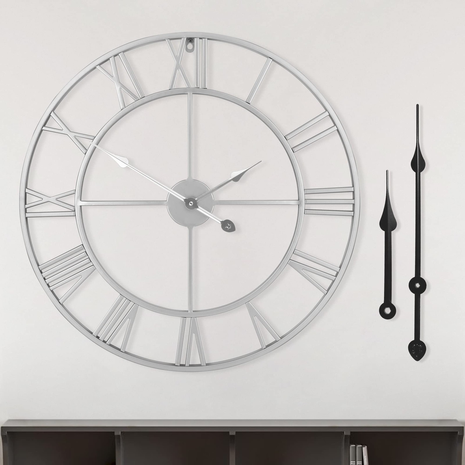 Large Modern Metal Wall Clocks Vintage Round Nearly Silent Little Ticking Bat...