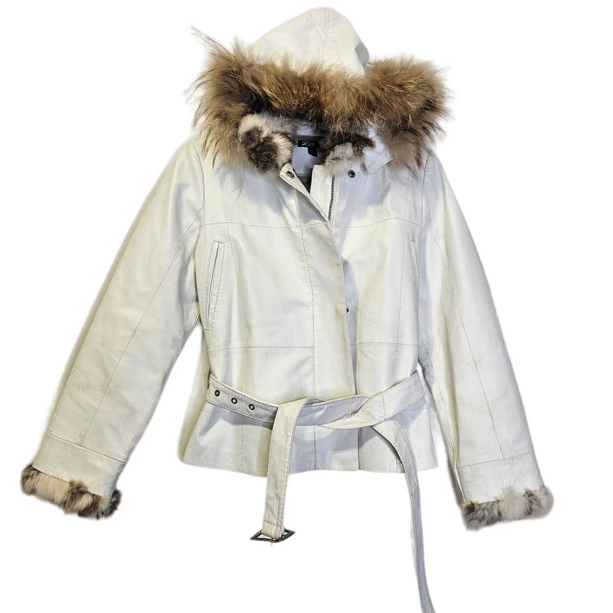 Vintage Y2K Black Rivet S White Leather Faux Fur Hood Belted Jacket Snow boho