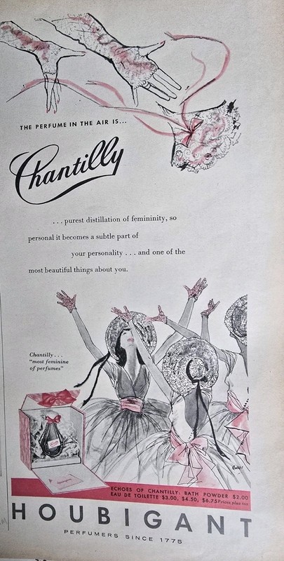 1956 Houbigant Chantilly Perfume bridesmaids bouquet vintage Art Ad 