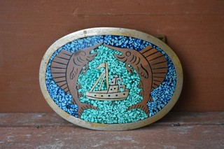 Vintage Brass Belt Buckle w/ Inlaid Turquoise Sailfish & Boat Motif