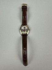 Disney Mickey Mouse Silver  Gold Round Watch Brown Band Japan New Battery