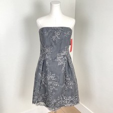 Monique Lhuillier Strapless Floral Embroidered Cocktail Dress Grey Silver 8 NWT