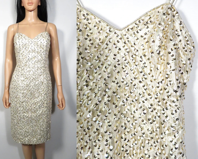 Vintage White And Gold Sequin Cache Lace Up Back Spaghetti Strap Dress Size  S | eBay