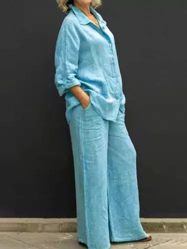 Damen Baumwolle Leinen Anzug Hemd Lockere Hose Set Langarm Freizeit Sets Sommer - Bild 27 von 32