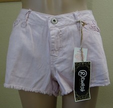 NWT REWASH denim pink 5 pockets crochet detail frayed ends mini shorts,13,15