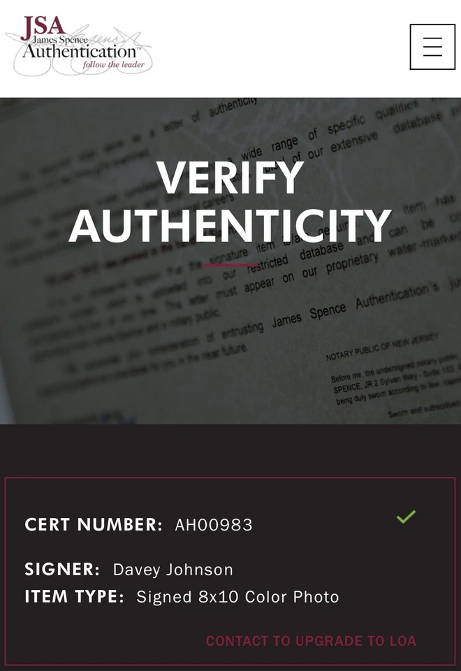 Davey Johnson New York Mets Champs ‘86 Signed Autographed 10x8 Photo JSA COA - Image 4 of 4