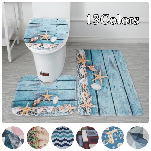3 Piece Printed Bathroom Rug Set, Bath Mat, Contour Rug, Toilet Lid Cover Soft  - Picture 4 of 35