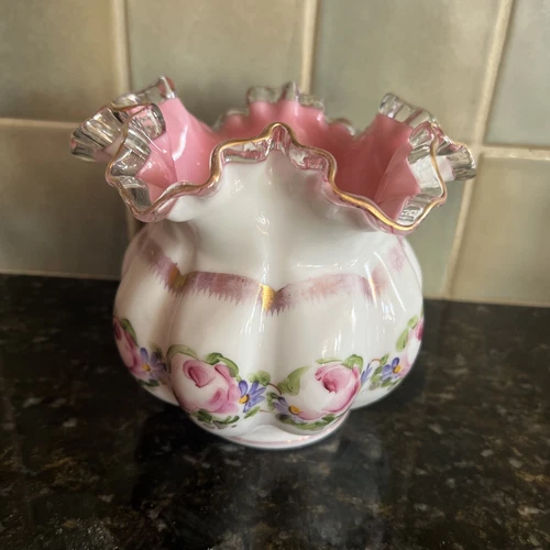 Fenton Hand Painted Charleton Roses & Gold Melon Vase 6.25" Peach Crest Ruffled