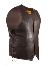 Mens Brown Cowhide 6 Pocket Leather Biker Vest Concealed Carry Pockets Side Lace