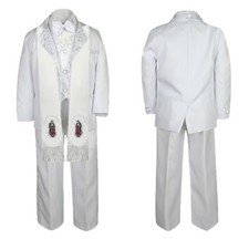 New Baby Toddler Boy Teen Baptism White Paisley Suit Silver Guadalupe on Stole
