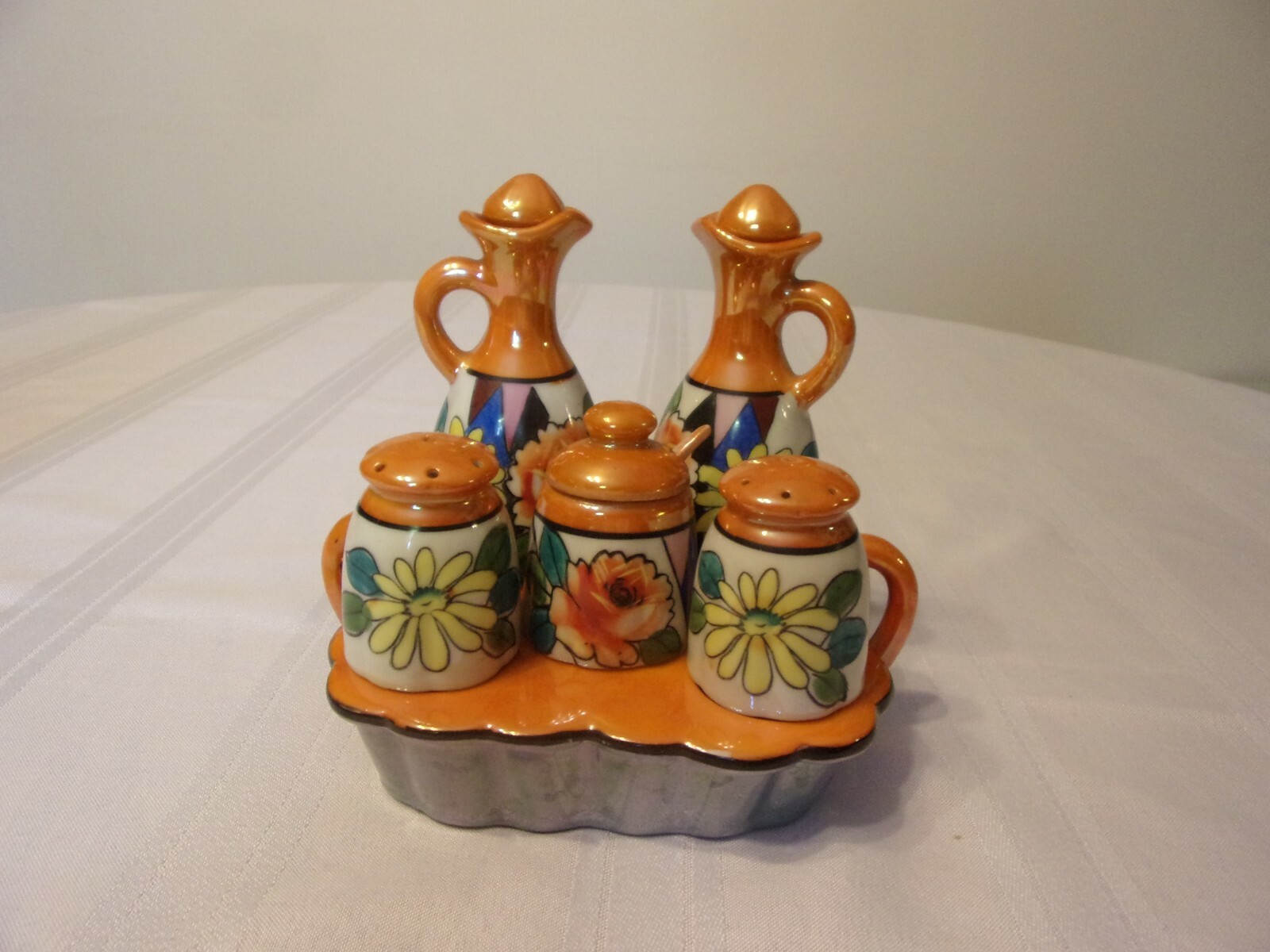 LUSTRE WARE CONDIMENT SET HOLDER, 2 CURETS, SALT & PEPPER,  MAYO & SPOON