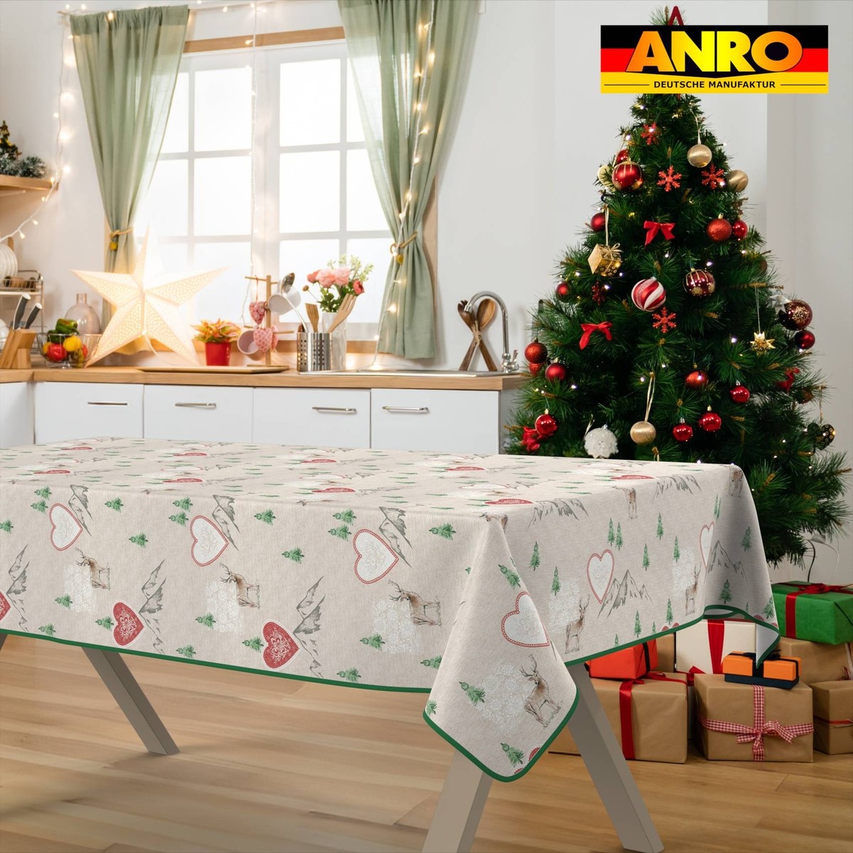 ANRO Wachstuchtischdecke Weihnachten Schneeflocken Rot – 180 X 140 Cm – Abwaschbar & Wetterfest – Ideal Für Drinnen & Draußen!