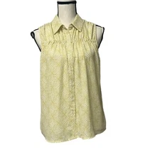 Pleione  Ruched  Sleeveless Button Up Shirt, Citron Yellow Arc Deco, Sz. XS